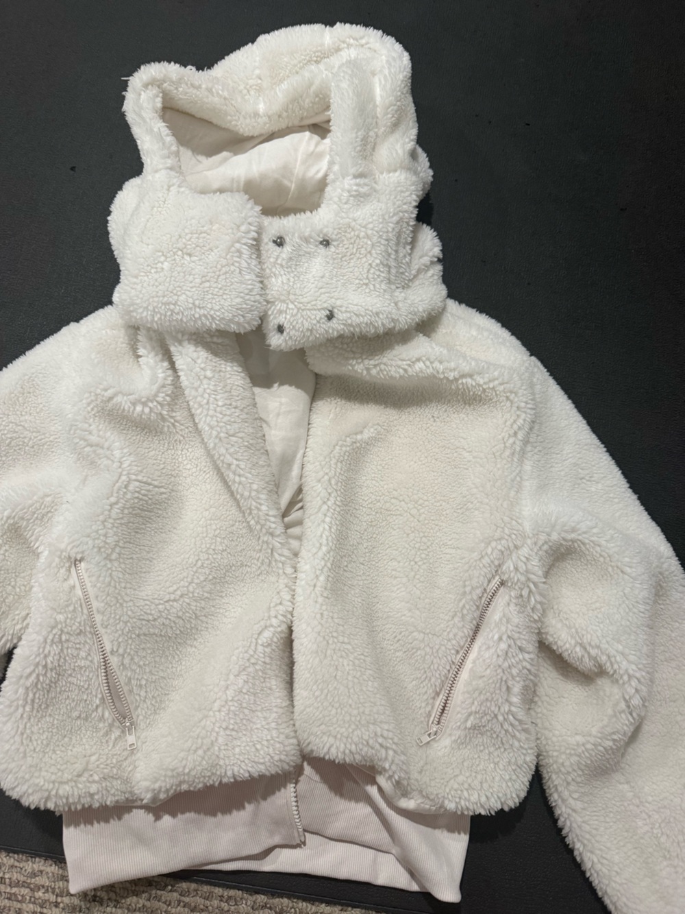 ALO Yoga Cream Sherpa Bomber Jacket with Hood